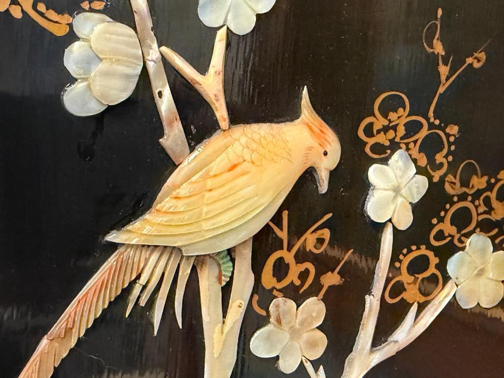 CHINESE BLACK LACQUERED RELIEF PANEL WITH MOTHER OF PEARL AND SILVER AND GILT ACCENTS - 3