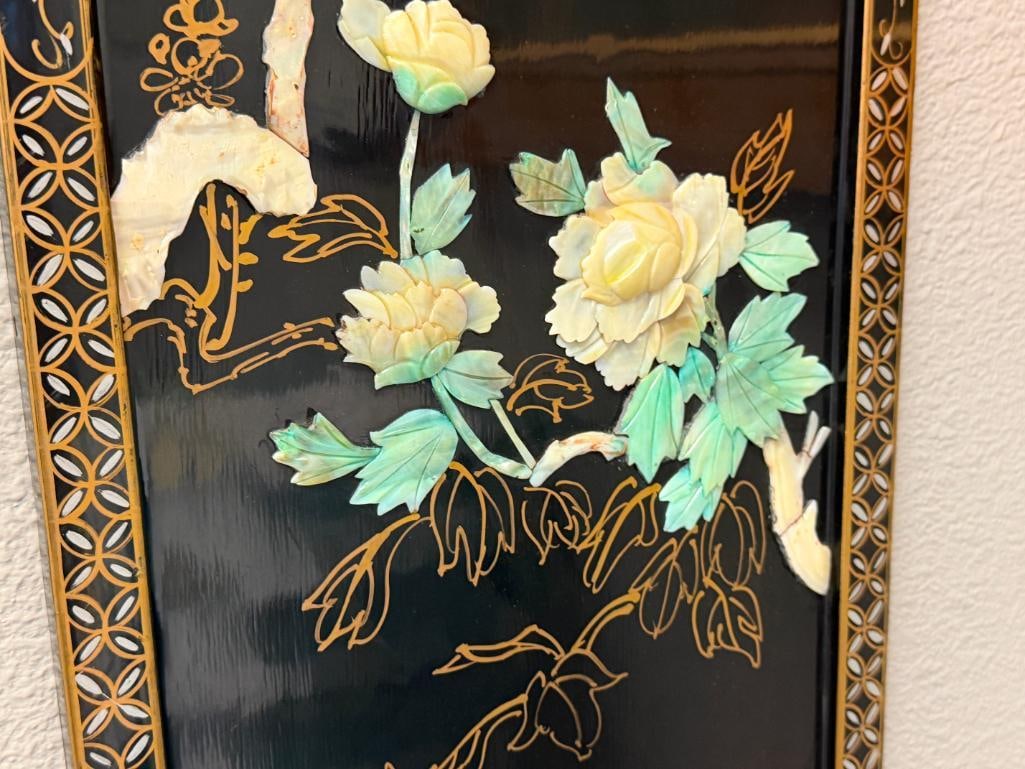 CHINESE BLACK LACQUERED RELIEF PANEL WITH MOTHER OF PEARL AND SILVER AND GILT ACCENTS - 4