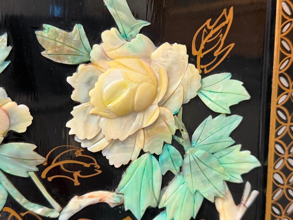 CHINESE BLACK LACQUERED RELIEF PANEL WITH MOTHER OF PEARL AND SILVER AND GILT ACCENTS - 5
