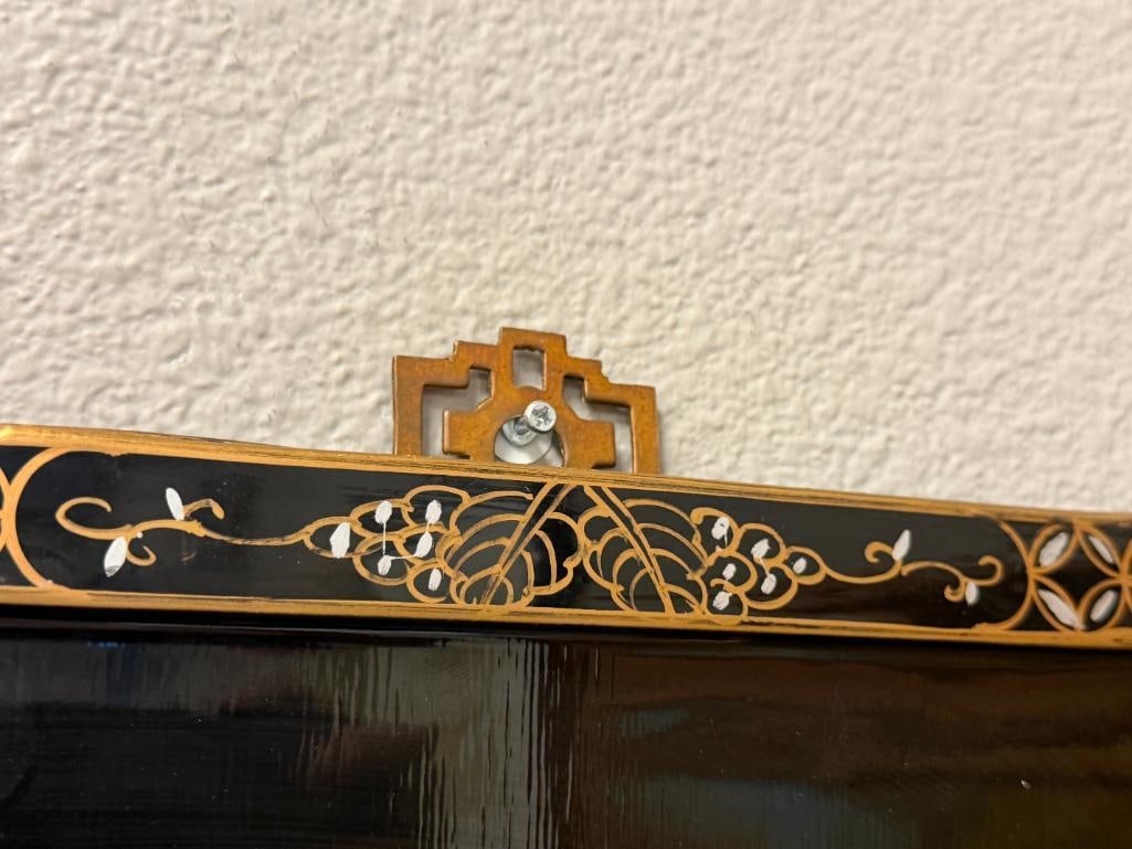 CHINESE BLACK LACQUERED RELIEF PANEL WITH MOTHER OF PEARL AND SILVER AND GILT ACCENTS - 7