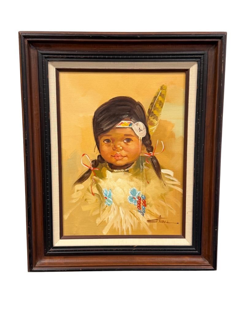 ORIGINAL OIL ON CANVAS PAINTING PORTRAIT OF A YOUNG NATIVE AMERICAN GIRL SIGNED STONE (1 of 7)