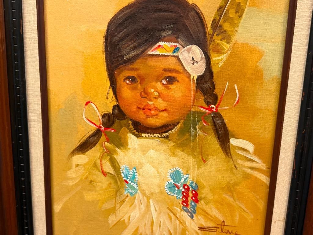 ORIGINAL OIL ON CANVAS PAINTING PORTRAIT OF A YOUNG NATIVE AMERICAN GIRL SIGNED STONE - 2