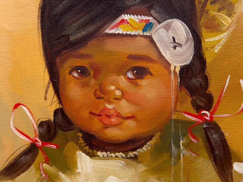 ORIGINAL OIL ON CANVAS PAINTING PORTRAIT OF A YOUNG NATIVE AMERICAN GIRL SIGNED STONE - 3