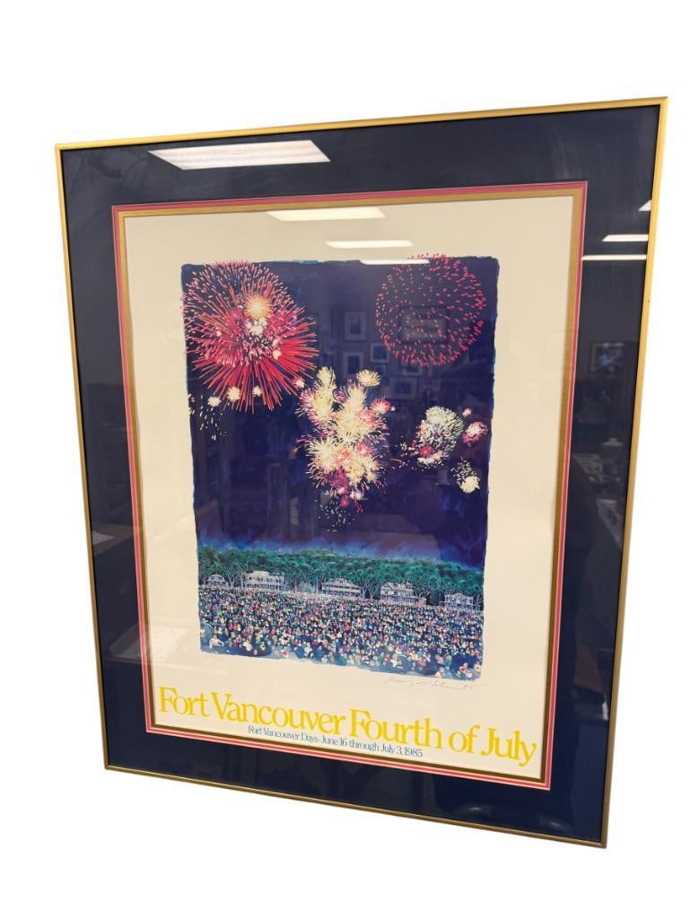 FORT VANCOUVER FOURTH OF JULY 1985 LIMITED EDITION POSTER BY ARTIST CRAIG NO. 390/500: ART DEPICTS A LARGE CROWD OF PEOPLE GATHERED WATCHING FIREWORKS IN THE SKY, SIGNED LOWER RIGHT, FRAMED 25 1/2" X 35 1/2" FRAME