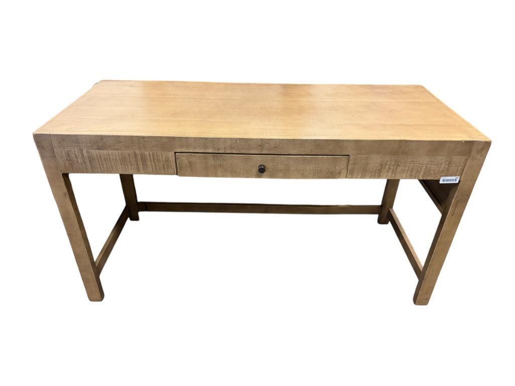RECLAIMED WOOD STYLED SINGLE DRAWER WRITING DESK IN LIGHT BROWN FINISH: FEW LIGHT SURFACE SCRATCHES 60" X 25" X 31"