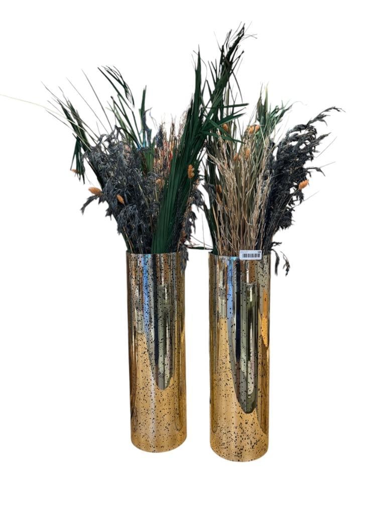 PAIR OF HANDMADE TALL GLASS CYLINDRICAL VASES IN GOLD FINISH WITH BLACK CONFETTI DESIGN: INCLUDES FAUX ARTIFICIAL PLANT DECORATIONS 23 1/2" H