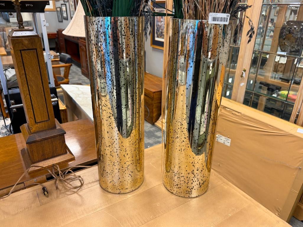 PAIR OF HANDMADE TALL GLASS CYLINDRICAL VASES IN GOLD FINISH WITH BLACK CONFETTI DESIGN - 2
