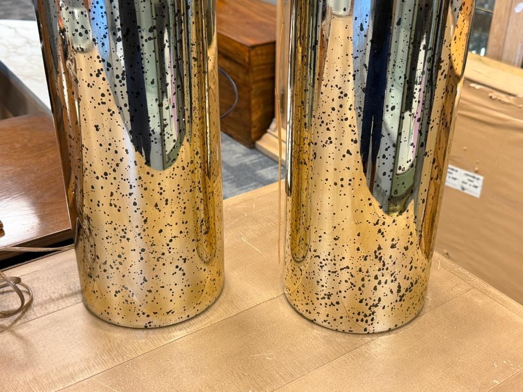 PAIR OF HANDMADE TALL GLASS CYLINDRICAL VASES IN GOLD FINISH WITH BLACK CONFETTI DESIGN - 3
