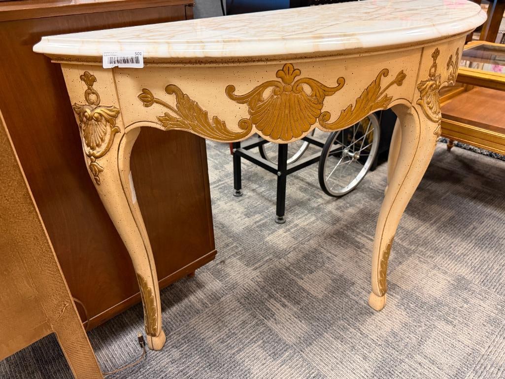 VINTAGE FRENCH PROVINCIAL STYLED CONSOLE TABLE WITH HEAVY MARBLE TOP - 4