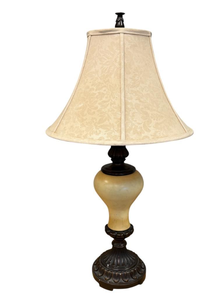 OIL RUBBED BRONZE TONED FRENCH STYLED DECORATIVE TABLE LAMP WITH BULBOUS CENTER IN IVORY COLOR (1 of 7)