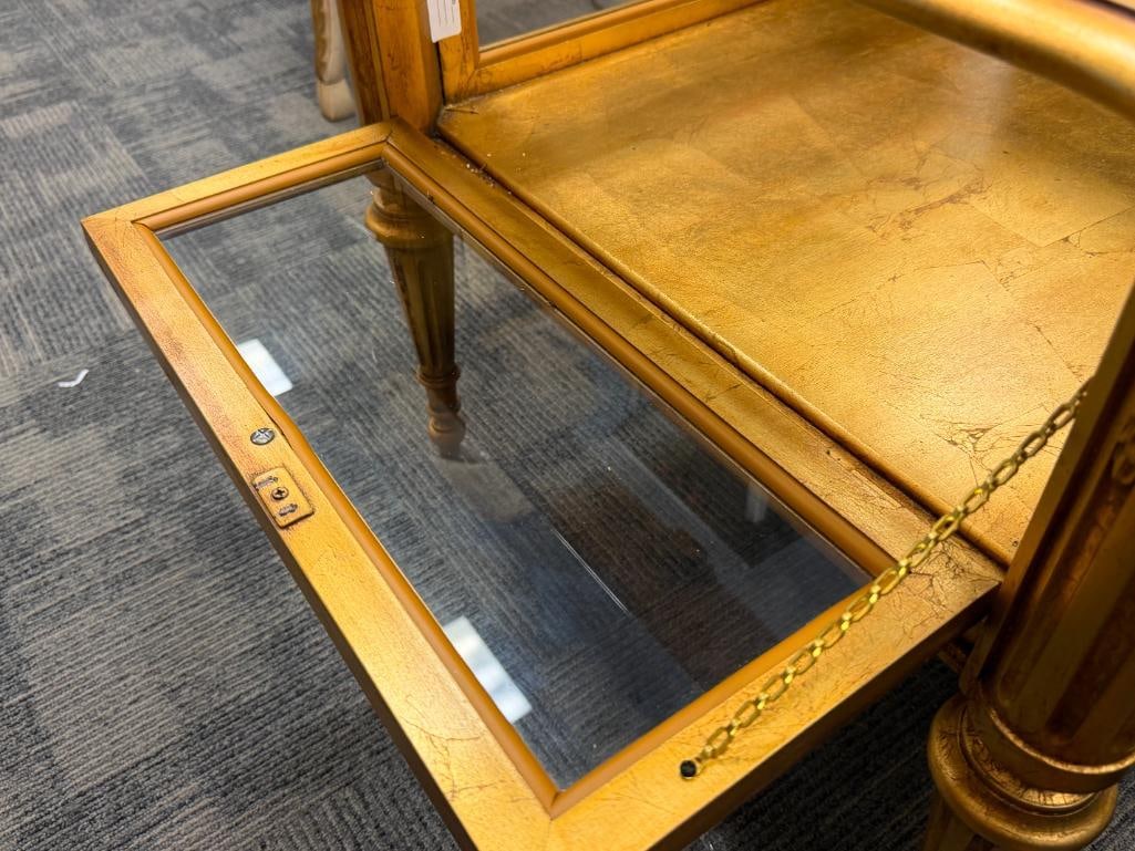 NEOCLASSICAL FRENCH STYLED GLASS TOP DISPLAY ENDTABLE WITH AN ORNATE GILDED FINISH - 8