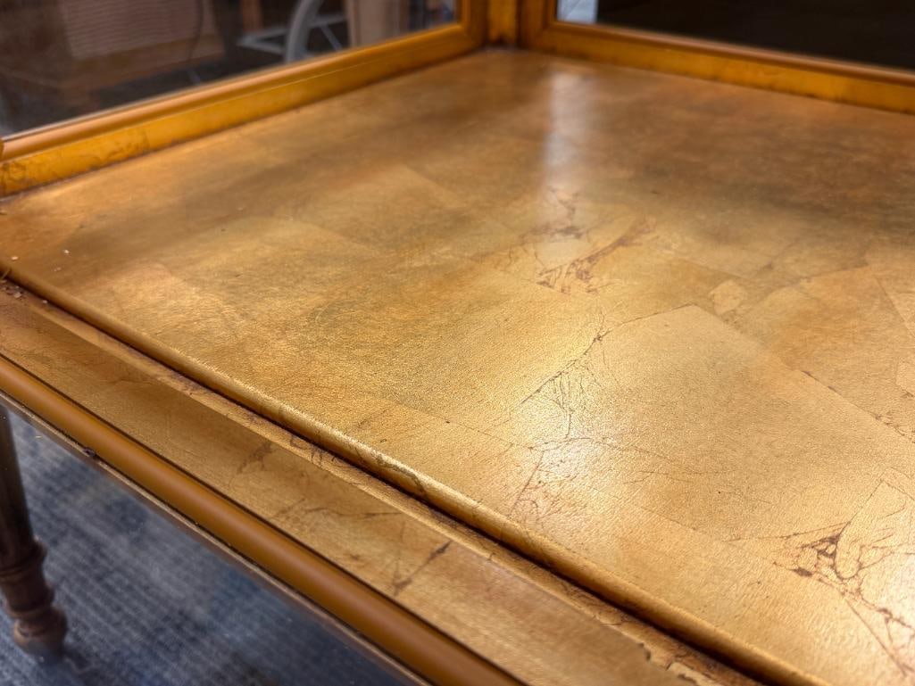 NEOCLASSICAL FRENCH STYLED GLASS TOP DISPLAY ENDTABLE WITH AN ORNATE GILDED FINISH - 9