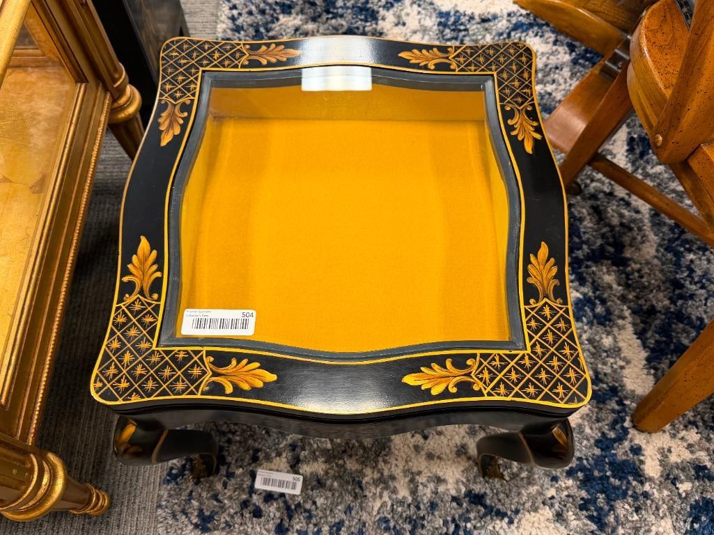 VINTAGE CHINOSERIE BLACK LACQUERED ACCENT DISPLAY TABLE WITH GLASS TOP - 2
