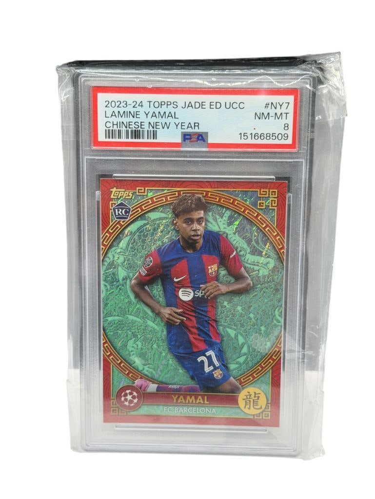 2023-24 TOPPS JADE ED UCC #NY7 LAMINE YAMAL CHINESE NEW YEAR FUBTOL / SOCCER ROOKIE CARD PSA NM-M...: BARCELONA PHENOM LAMINE YAMAL WHO JUST WON HIS FIRST WORLD CUP WITH SPAIN, PSA CERTIFICATE #151668509