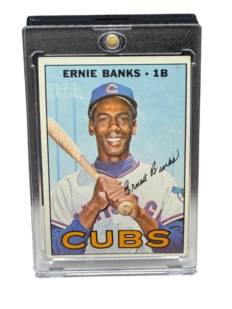 1967 TOPPS #215 ERNIE BANKS BASEBALL CARD: ERNIE BANKS, CHICAGO CUBS, HALL OF FAMER, RARE CARD, SEE PHOTOS FOR CONDITION, FROM THE ESTATE OF A LOCAL RENO, NV DOCTOR AT RENOWN WHO RAN BIG LEAGUE SPORTS MEDICINE BASEBALL CAMP FOR NEARLY 20 