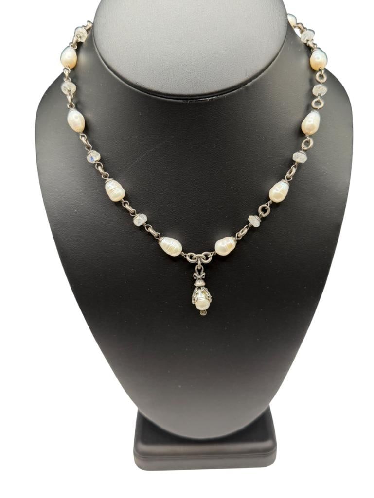 ALANE LEIGH LOVE DESIGNER SIGNED STERLING SILVER BUTTON PEARL PENDANT NECKLACE: SIGNED BY MAKER ON CLASP 15" NECKLACE WITH 1" DROP PENDANT, 22.77 GRAMS, APPROX. 8MM PEARLS