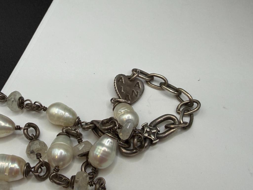 ALANE LEIGH LOVE DESIGNER SIGNED STERLING SILVER BUTTON PEARL PENDANT NECKLACE - 4