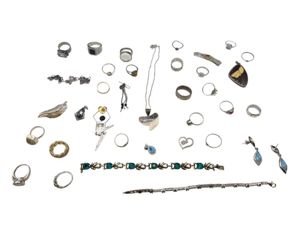 ASSORTED STERLING SILVER JEWELRY FEATURING SIGNED PIECES, RINGS, EARRINGS, AND BRACEELTS (1 of 11)