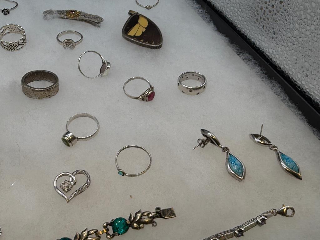 ASSORTED STERLING SILVER JEWELRY FEATURING SIGNED PIECES, RINGS, EARRINGS, AND BRACEELTS - 3