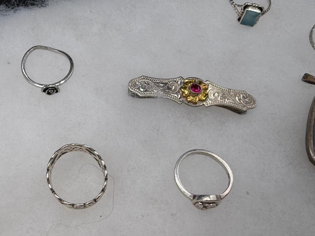 ASSORTED STERLING SILVER JEWELRY FEATURING SIGNED PIECES, RINGS, EARRINGS, AND BRACEELTS - 5