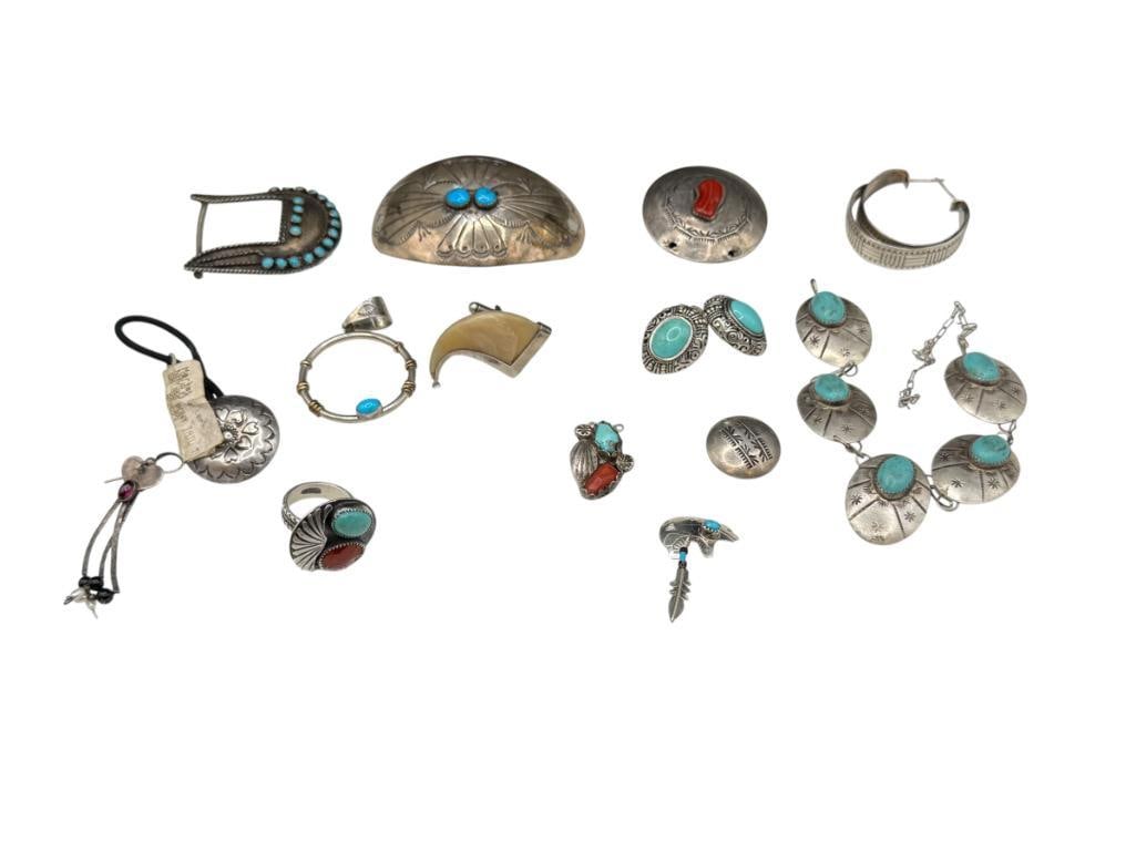 COLLECTION OF NAVAJO AND SOUTHWEST STERLING SILVER JEWELRY INCLUDING TURQUOISE AND CORAL PIECES: SOME SIGNED PIECES, MANY ARE VINTAGE, INCLUDES EARRINGS, RING, CONCHO DESIGNS, AND MORE 116.94 GRAMS