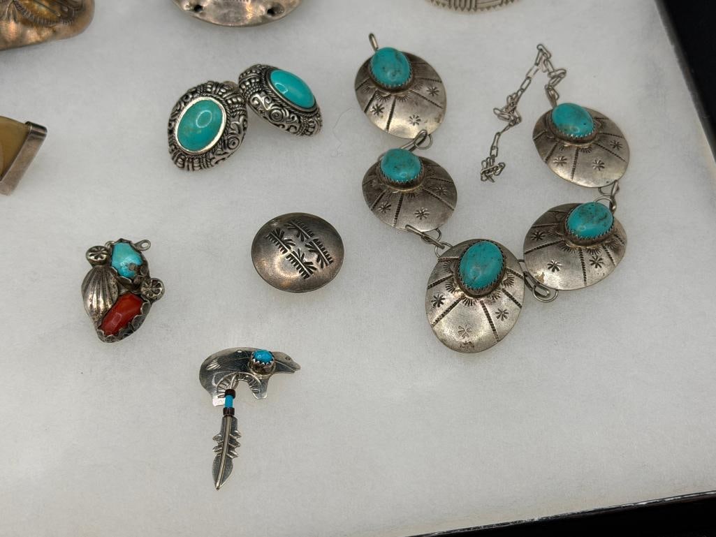 COLLECTION OF NAVAJO AND SOUTHWEST STERLING SILVER JEWELRY INCLUDING TURQUOISE AND CORAL PIECES - 2