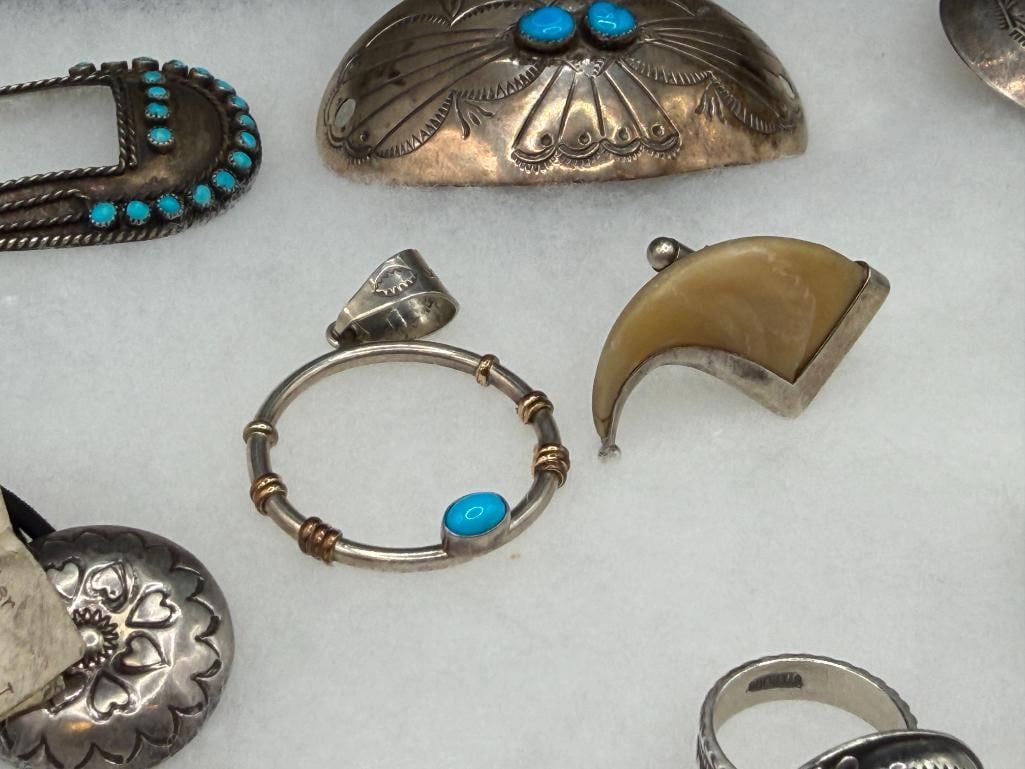 COLLECTION OF NAVAJO AND SOUTHWEST STERLING SILVER JEWELRY INCLUDING TURQUOISE AND CORAL PIECES - 7