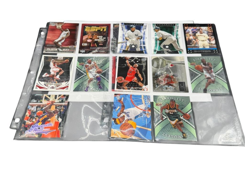 15 COLLECTIBLE NBA BASKETBALL AND MLB BASEBALL CARDS INCLUDING LEGENDS LIKE KOBE, LEBRON, AND JOR...: INCLUDES CARDS MADE BY UPPER DECK, TOPPS, FLEER, AND MORE, SEE PHOTOS FOR CONDITION, ALSO INCLUDES SHAQ, RODMAN, AND KEVIN DURANT STARQUEST FIRST EDITION 2009 UPPER DECK CARD