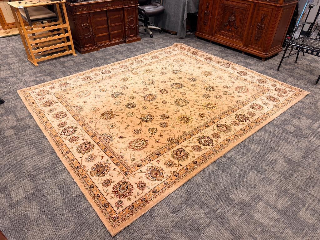 NOURISON 2000 COLLECTION HAND TUFTED AREA RUG MADE IN THE PEOPLE'S REPUBLIC OF CHINA: SILK AND WOOL BLEND LOW PILE AREA RUG IN BROWN, BLACK, BEIGE, AND RED DESIGN, NO HEAVY STAINS, IN GOOD CONDITION 117" X 92"