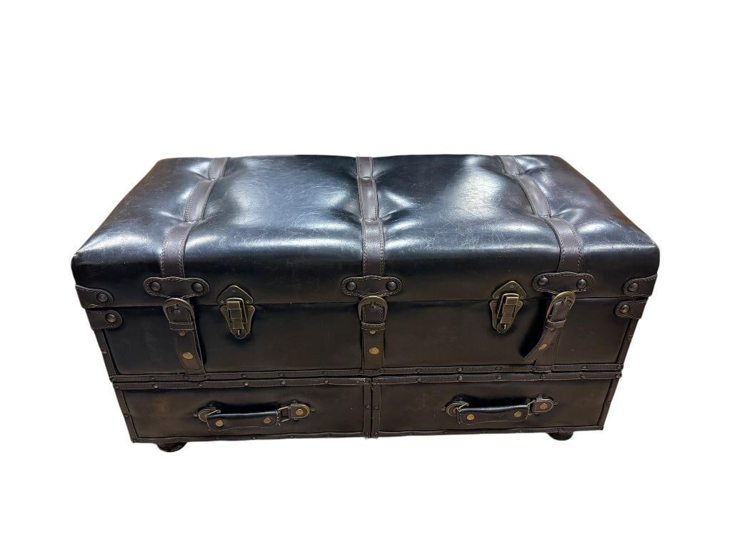 FAUX LEATHER VINTAGE STYLED TRUNK CHEST WITH STORAGE DRAWERS: CONTEMPORARY STORAGE CHEST, FEATURES LEATHER STRAPS, ANTIQUED HARDWARE, AND FABRIC LINED INTERIOR, LIKE-NEW 31" X 16" X 17"