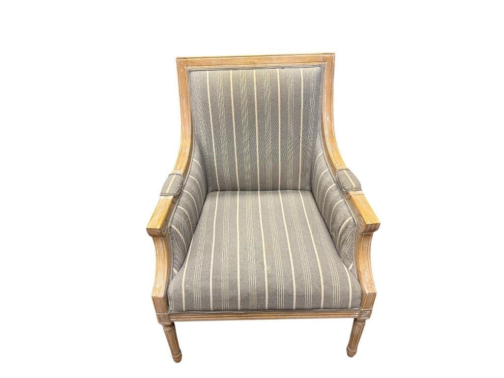 JOFRAN MCKENNA ACCENT CHAIR WHITEWASAHED WOOD FRAME WITH STRIPED LINEN UPHOLSTERY: 29" X 27" X 38"