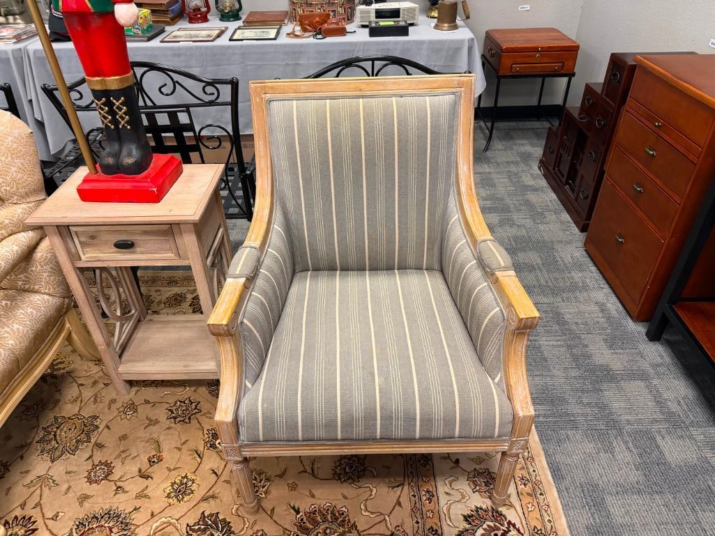 JOFRAN MCKENNA ACCENT CHAIR WHITE WASHED WOOD FRAME WITH STRIPED LINEN UPHOLSTERY - 2