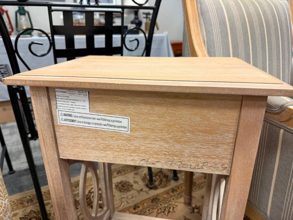 WHITE WASHED SINGLE DRAWER ACCENT TABLE WITH DECORATIVE SIDE PANELS - 12