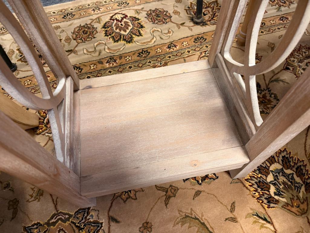 WHITE WASHED SINGLE DRAWER ACCENT TABLE WITH DECORATIVE SIDE PANELS - 19