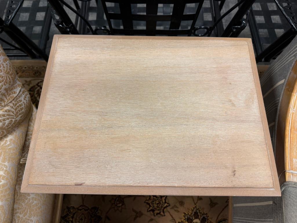 WHITE WASHED SINGLE DRAWER ACCENT TABLE WITH DECORATIVE SIDE PANELS - 4