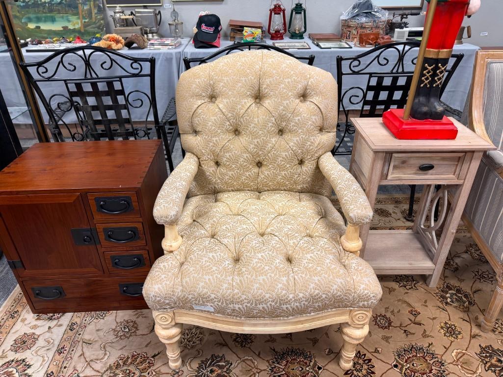 FAIRFIELD FRENCH STYLED TUFTED OVERSIZE ARMCHAIR WITH CREAM AND GOLD BOTANICAL DAMASK UPHOLSTERY - 2