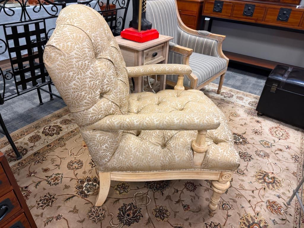 FAIRFIELD FRENCH STYLED TUFTED OVERSIZE ARMCHAIR WITH CREAM AND GOLD BOTANICAL DAMASK UPHOLSTERY - 3