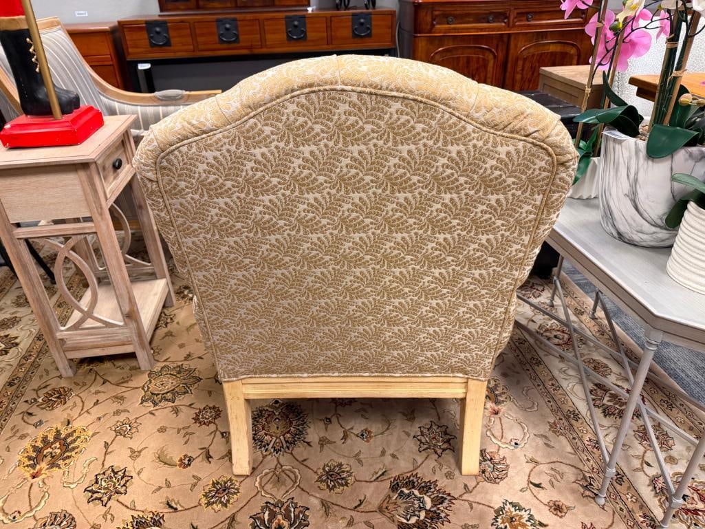 FAIRFIELD FRENCH STYLED TUFTED OVERSIZE ARMCHAIR WITH CREAM AND GOLD BOTANICAL DAMASK UPHOLSTERY - 4