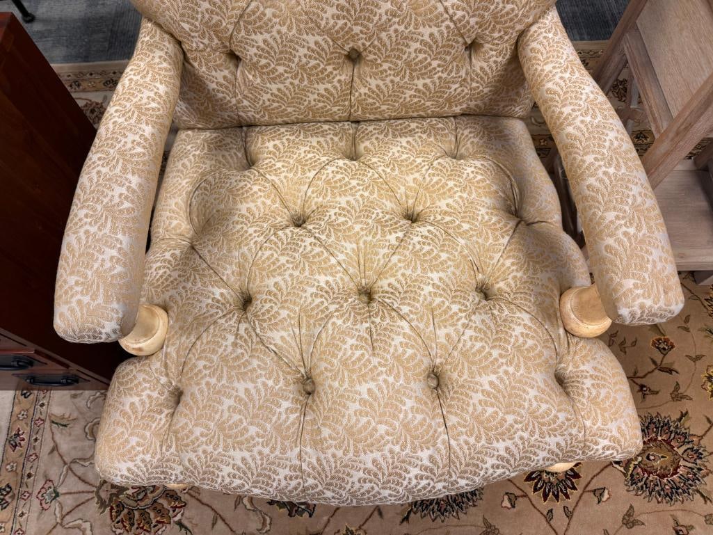 FAIRFIELD FRENCH STYLED TUFTED OVERSIZE ARMCHAIR WITH CREAM AND GOLD BOTANICAL DAMASK UPHOLSTERY - 8