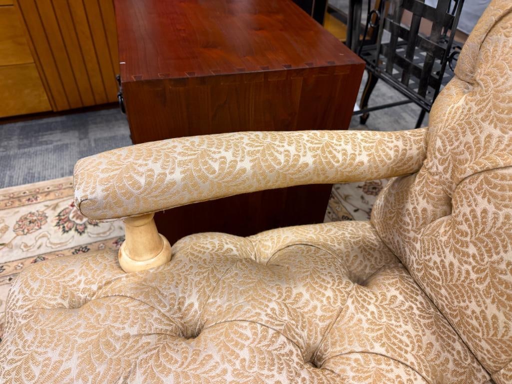 FAIRFIELD FRENCH STYLED TUFTED OVERSIZE ARMCHAIR WITH CREAM AND GOLD BOTANICAL DAMASK UPHOLSTERY - 9