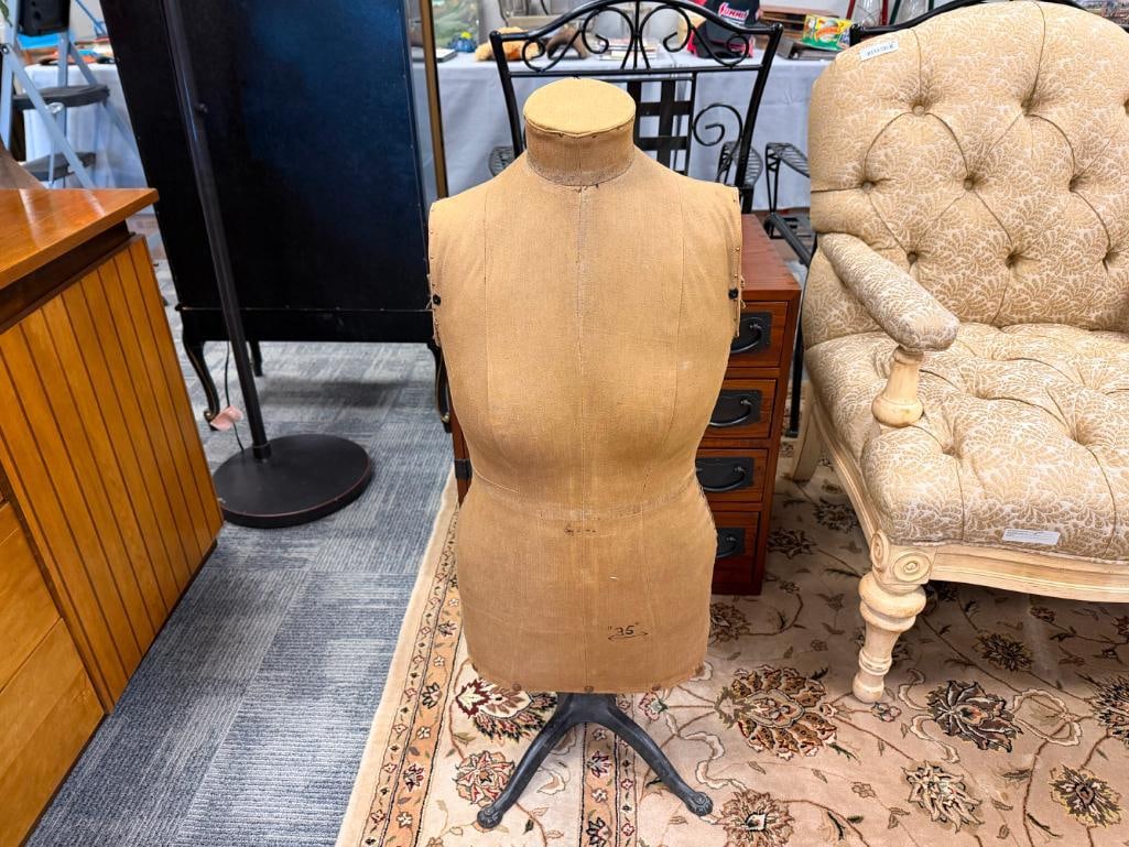 ANTIQUE FABRIC COVERED TAILORS DRESS FROM WITH LACED SIDE CLOSURE - 2