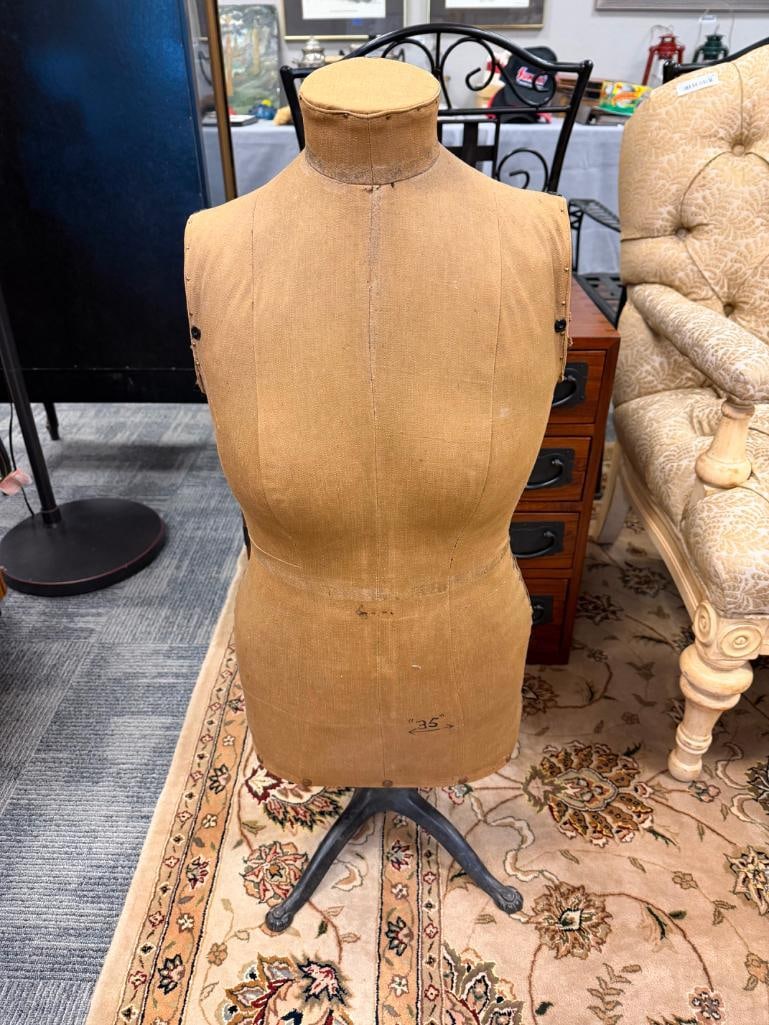 ANTIQUE FABRIC COVERED TAILORS DRESS FROM WITH LACED SIDE CLOSURE - 3