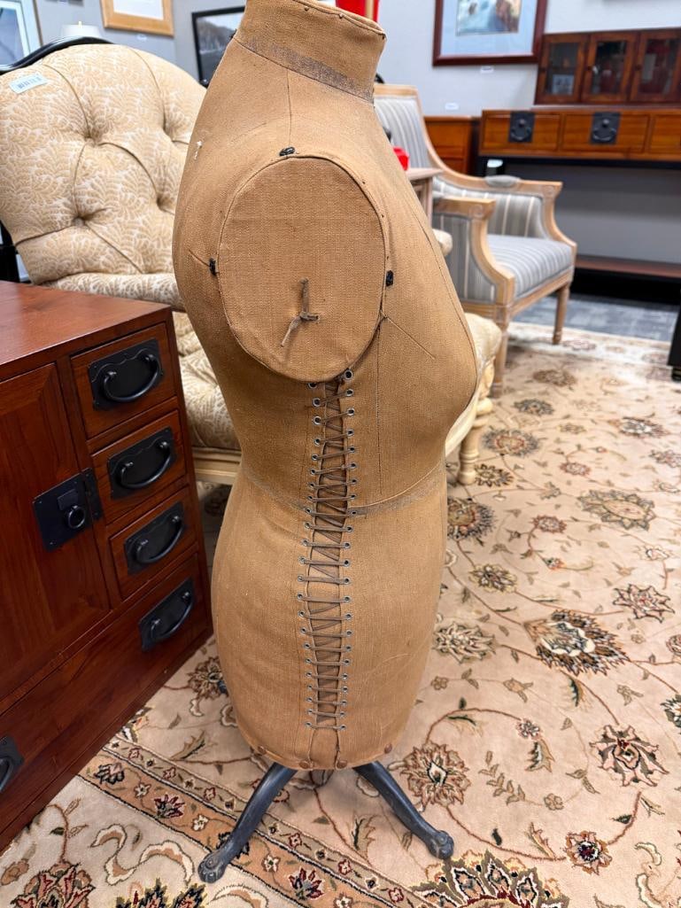 ANTIQUE FABRIC COVERED TAILORS DRESS FROM WITH LACED SIDE CLOSURE - 6