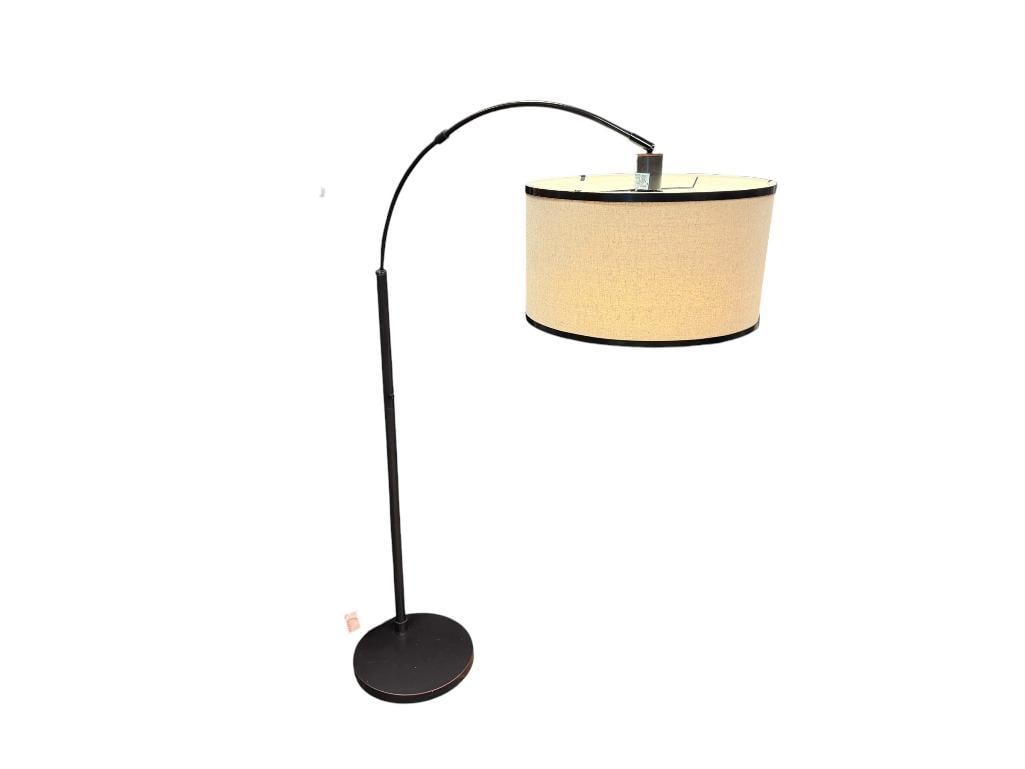 CONTEMPORARY OIL RUBBED BRONZE ARC FLOOR LAMP WITH LINEN DRUM SHADE: TESTED+ 60" H