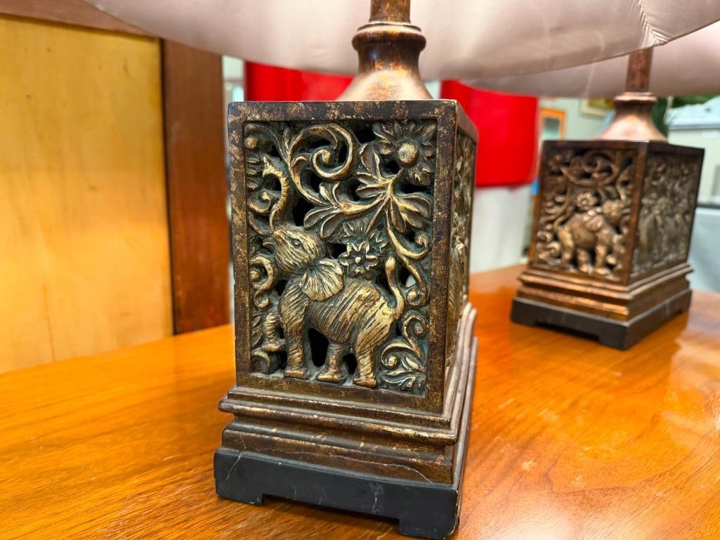 PAIR OF CONTEMPORARY BRONZE TONED TABLE LAMPS ELEPHANT AND FOLIAGE DESIGN - 8