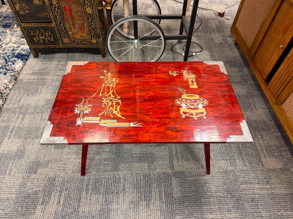 RED LACQUERED CHINESE ACCENT TABLE WITH BRASS AND SILVER INLAY PICTORIAL AND CALLIGRAPHIC INLAYS - 2