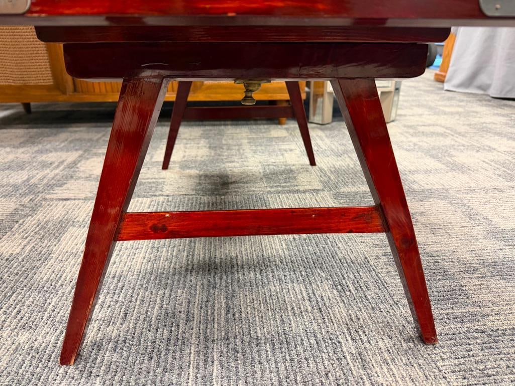 RED LACQUERED CHINESE ACCENT TABLE WITH BRASS AND SILVER INLAY PICTORIAL AND CALLIGRAPHIC INLAYS - 4