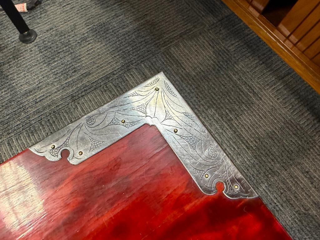 RED LACQUERED CHINESE ACCENT TABLE WITH BRASS AND SILVER INLAY PICTORIAL AND CALLIGRAPHIC INLAYS - 5