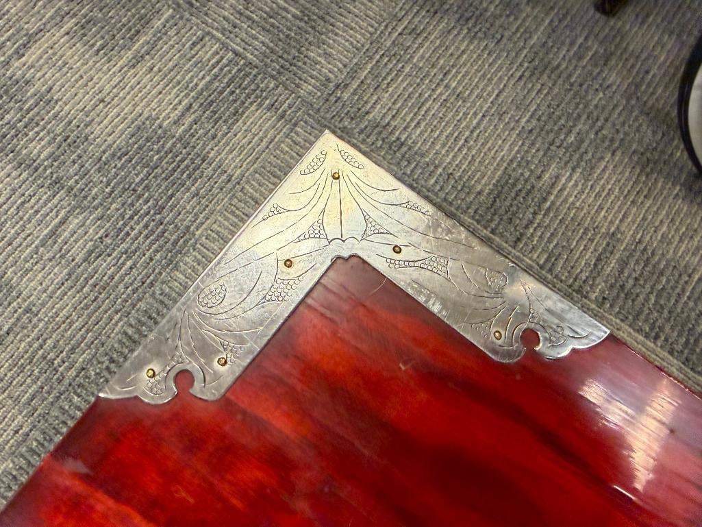 RED LACQUERED CHINESE ACCENT TABLE WITH BRASS AND SILVER INLAY PICTORIAL AND CALLIGRAPHIC INLAYS - 6