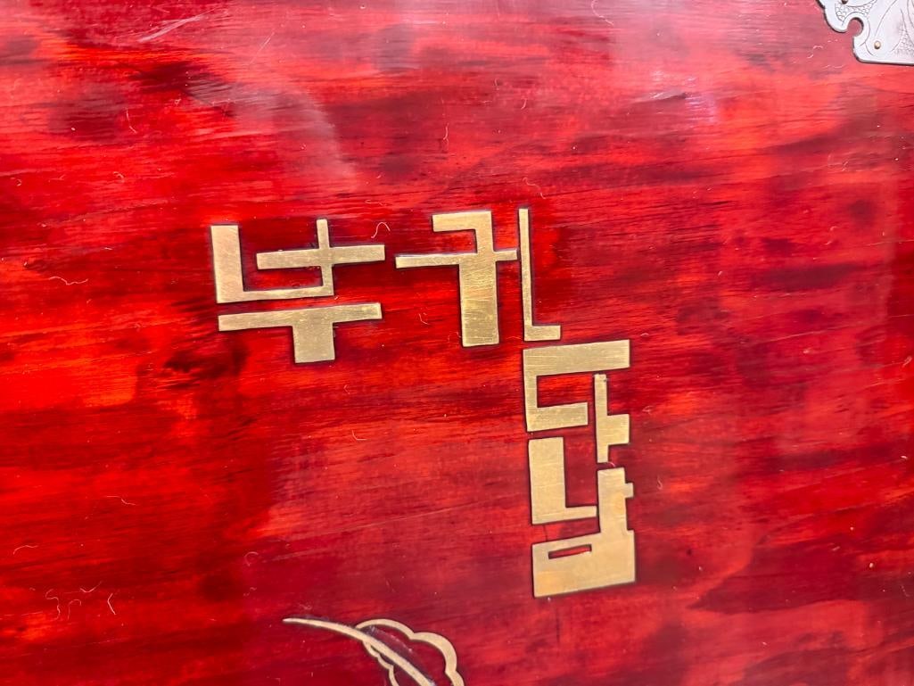 RED LACQUERED CHINESE ACCENT TABLE WITH BRASS AND SILVER INLAY PICTORIAL AND CALLIGRAPHIC INLAYS - 9